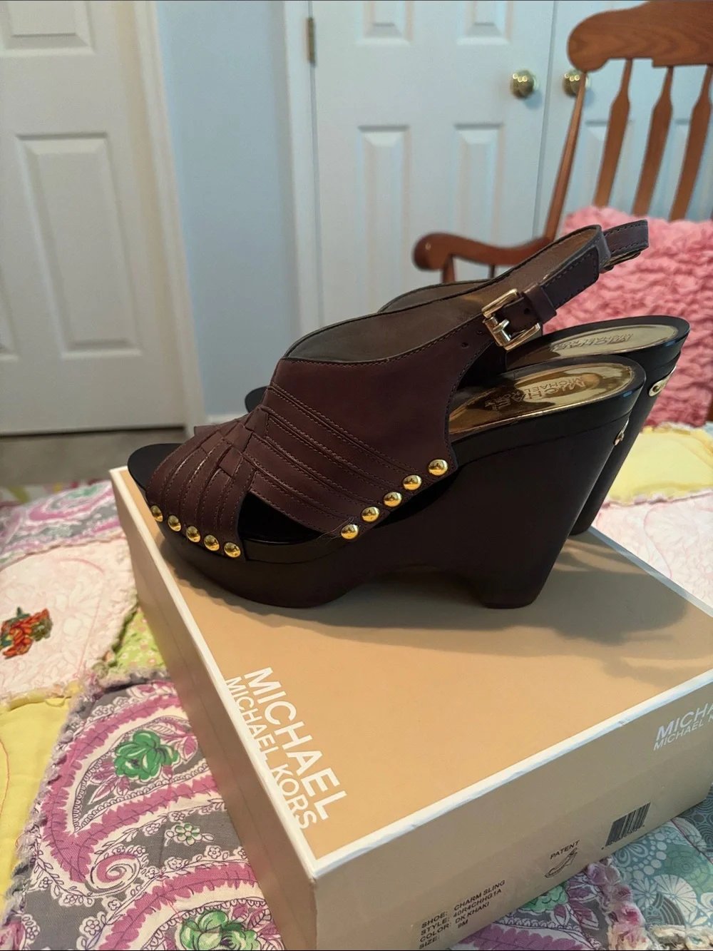 Michael Kors Dark Brown Leather Studded Wedge Sandals—NWOT